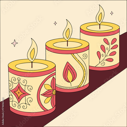 Three decorative lit candles with festive designs and warm colors on a light background
