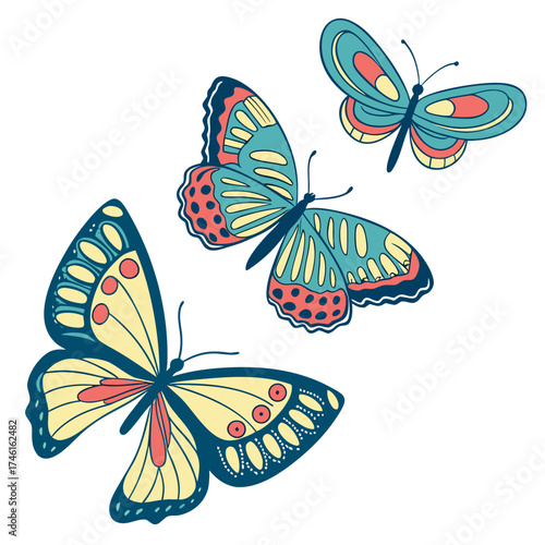 Three colorful stylized butterflies with intricate patterns in teal yellow and coral on a white background