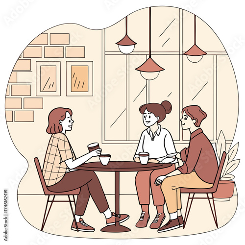 Three friends enjoying coffee and conversation together at a cozy cafe table with warm lighting