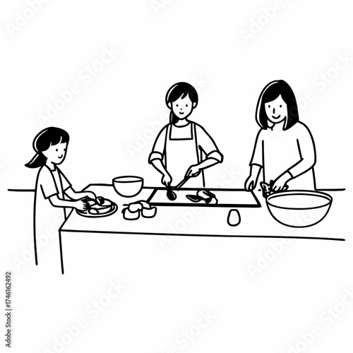 Three people a mother and two daughters happily preparing food together in the kitchen