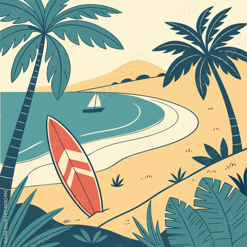 Tropical beach scene with palm trees a surfboard and a sailboat on the ocean