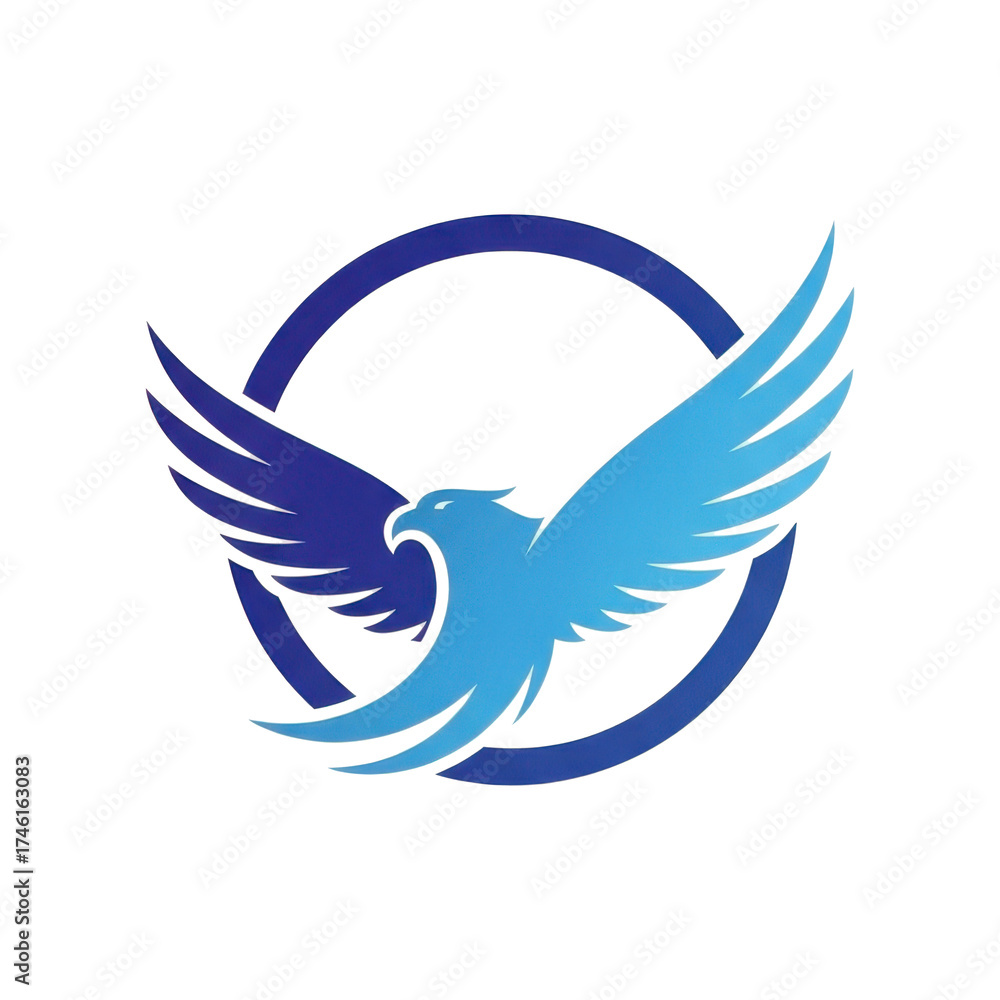 Obraz premium Dynamic flying eagle or hawk in a blue gradient with outstretched wings inside a circular frame corporate logo design