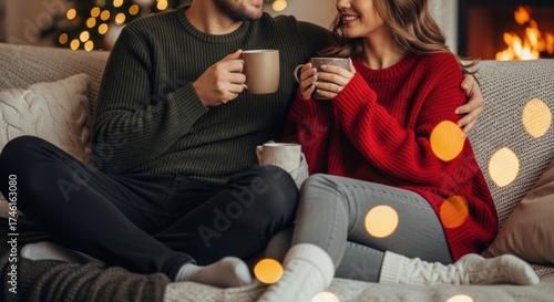 Cozy couple sharing warm drinks by a fireplace with twinkling Christmas lights creating a romantic festive atmosphere for holiday celebrations.