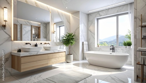 A serene bathroom with a freestanding tub and expansive window, Creating a calming retreat with marble and natural light