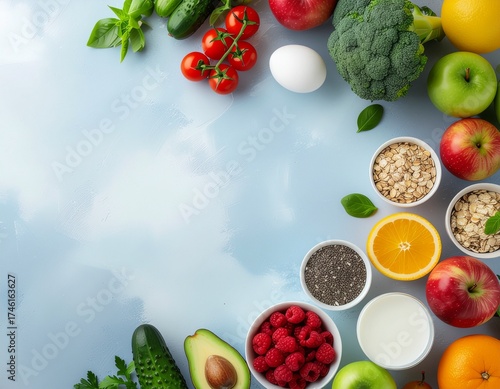 Colorful fruits and grains forming circular wellness pattern