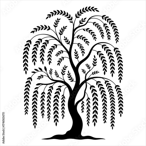 Weeping Willow Tree Silhouette Vector Nature Tree Illustration, Willow Tree Clipart Black Silhouette of Weeping Willow Vector Graphic, Silhouette Willow Tree Vector Decorative Weeping Tree.
