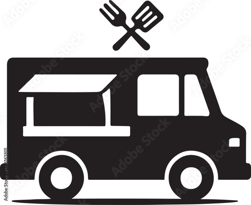 a simple black silhouette of a food truck icon