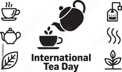 International Tea Day with steaming tea cup, teapot, tea bag, and leaves icons on transparent background