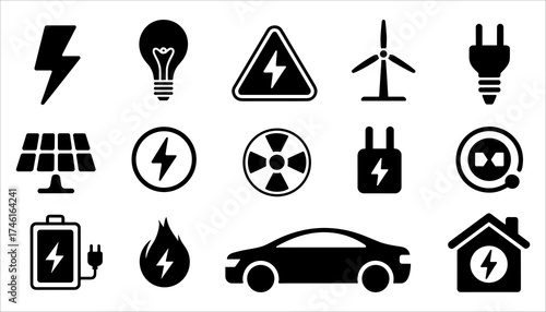 Energy Icons Set, Electricity Power Symbols, Renewable Energy Vector.