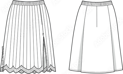 Skirt technical flat sketch, pleated skirt vector, A‑line skirt fashion illustration, apparel design template, CAD drawing, garment construction, clothing design, stock vector