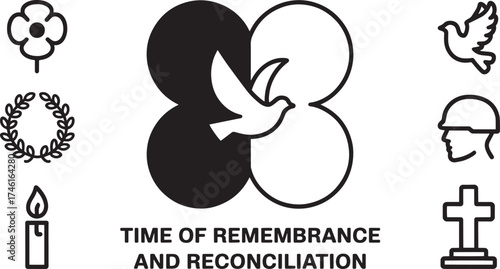 Time of Remembrance and Reconciliation concept with dove poppy wreath icons