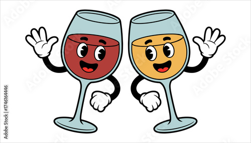 Happy Wine Glasses Cartoon Vector, Cheerful Alcohol Drink Characters Illustration, Funny Red and White Wine Glasses Clipart.