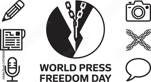 World Press Freedom Day concept with broken chain pencil newspaper icons