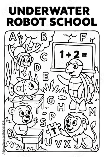 Underwater Robot School where a turtle teacher teaches a bear, lion, and robot fish.