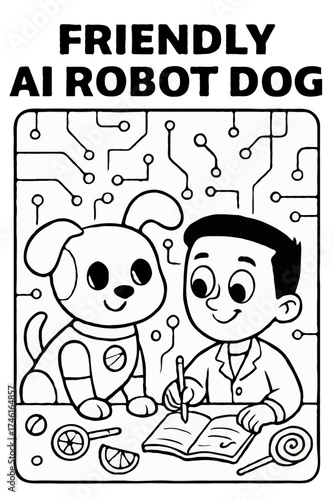 Happy boy with his friendly AI robot dog sitting on a table with circuits in the background.
