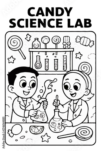 Cheerful kids wearing lab coats conducting a sweet science experiment with beakers and candy in a lab.