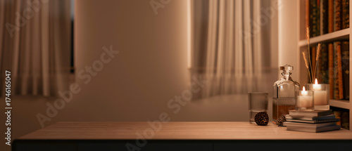 Fototapeta Naklejka Na Ścianę i Meble -  Alcohol drink bottle with glass cup aside lighting candles over book on wooden table aside bookshelf