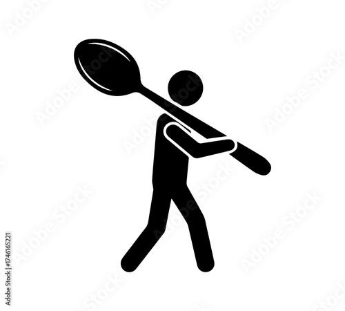 Stick figure carrying a giant spoon, creative black vector illustration symbolizing food, eating, restaurant, kitchen utensil, or culinary concept in minimal design.