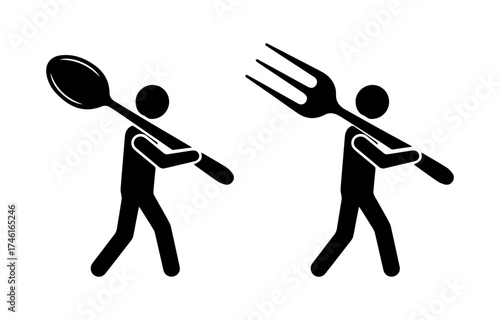 Two stick figures carrying a giant spoon and fork, creative black vector illustration symbolizing food, teamwork, restaurant, and culinary concept in minimal style.