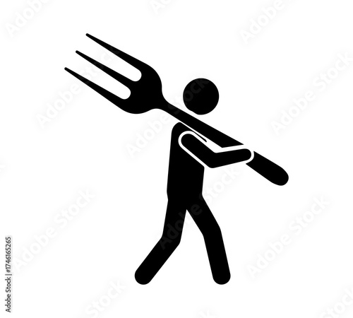 Stick figure carrying a giant fork, creative black vector illustration symbolizing food, eating, restaurant, kitchen utensil, or culinary concept in minimal design.