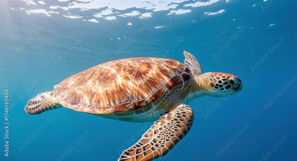 Fototapeta premium A close-up of a large green sea turtle gracefully swimming in clear blue waters. Its intricate shell showcases vibrant colors and patterns, capturing the majestic beauty of this marine creature.
