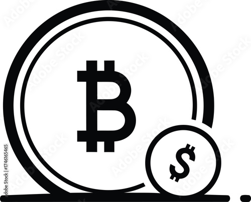 Bitcoin and dollar coin icons representing initial coin offering and cryptocurrency investment