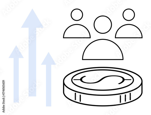 Group of three people beside upward arrows and a dollar coin implying growth, teamwork, and financial progress. Ideal for business, investment, leadership, innovation, economy, success teamwork