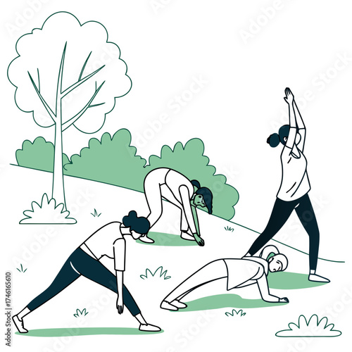Vector art of a group of women are doing yoga in a park with trees and bushes, stretching and bending in various poses