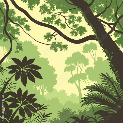 Vector art of a lush green jungle canopy with dense foliage, creating a vibrant and immersive tropical forest scene, perfect for nature, adventure, and exotic themes