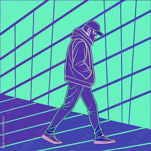 Vector art of a man in a hoodie walking in a futuristic city with neon lights and geometric shapes, creating a modern and urban scene with a touch of retro style