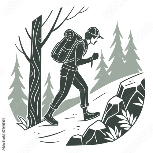 Vector art of a man with a backpack is hiking on a trail through the forest, enjoying the fresh air and the beautiful scenery