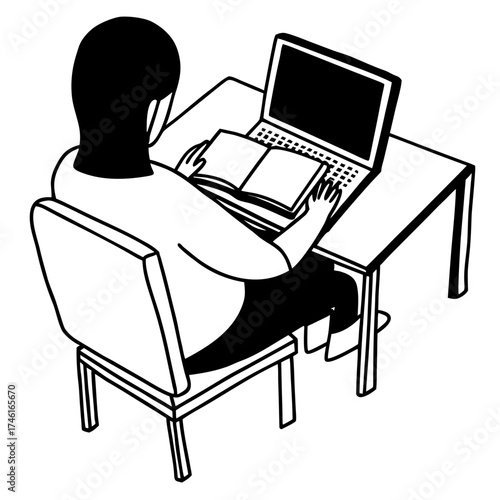 Vector art of a person is sitting at a desk, working on a laptop and reading a book simultaneously, , creating a focused and productive atmosphere