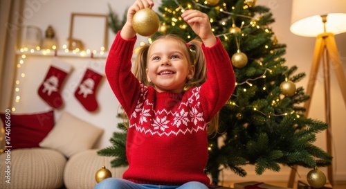 little girl decorating christmas tree