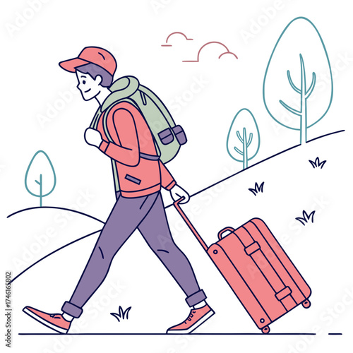 Vector art of a traveler walking along a scenic path with luggage, surrounded by lush trees and a clear sky, the scene captures the essence of journey