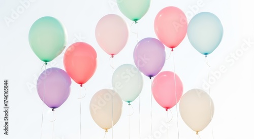 A bunch of colorful balloons in various pastel shades floating against a plain white background. The balloons are in different shapes and sizes, creating a playful and festive atmosphere.