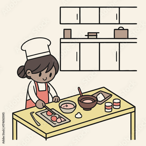 Vector art of a woman is making sweets in the kitchen, she is wearing a chefs hat and an apron, she is using a brush to glaze the sweets in this vector illustration