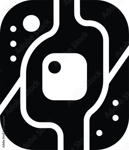 Abstract black and white graphic representation of a stylized cell nucleus and cytoplasm