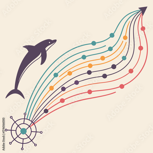 Vector art of dolphin with data streams, symbolizing navigation, progress, and technological advancement in a creative and modern style