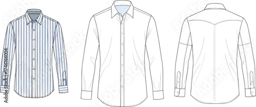 Men’s button up shirt flat sketch, striped and plain design, long sleeve fashion CAD drawing, collar cuffs curved hem vector illustration