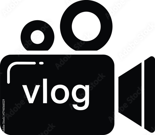 Simple black icon of a vintage video camera with the word vlog written on its body