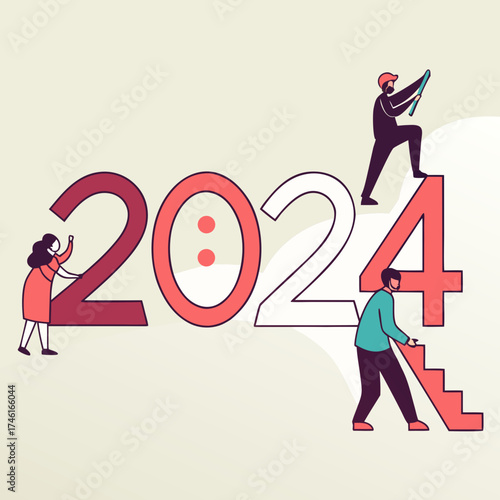 Vector art of enthusiastic team of professionals collaboratively constructing the year 2024, symbolizing progress, achievement, and the anticipation of a successful new year