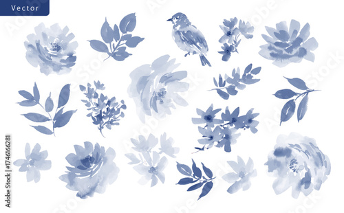 Watercolor floral clipart set with abstract hand painted indigo blue peonies, wildflowers, bird and leaves. Vector monochrome floral illustrations for wedding invitation and stationery.