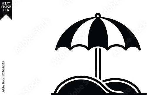 Simple black and white vector icon of a beach umbrella on sand dunes