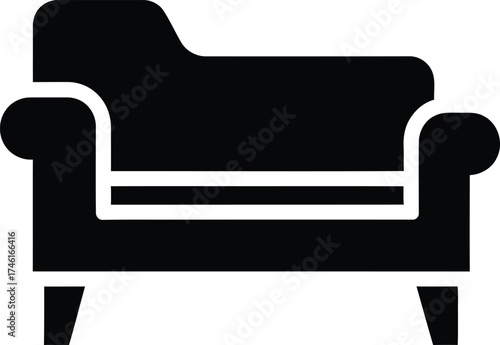 Simple black silhouette icon of a comfortable armchair with rounded arms and four legs