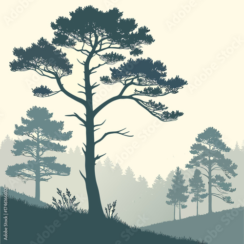Vector art of silhouette of a pine tree on a hill with a forest in the background in shades of blue and beige, creating a serene and natural landscape illustration