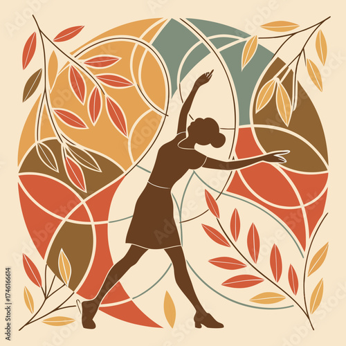 Vector art of silhouette of a woman dancing in an abstract autumn leaves pattern, creating a visually appealing and harmonious design with a warm and inviting color palette
