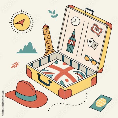 Vector art of suitcase with famous landmarks and travel accessories, symbolizing a journey to explore the world and create unforgettable memories