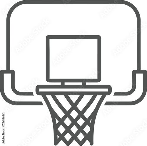 Simple black line art icon of a basketball hoop with net and backboard on white background