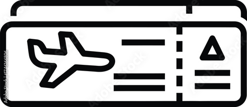 Simple black and white line art icon representing an airplane ticket with an airplane silhouette