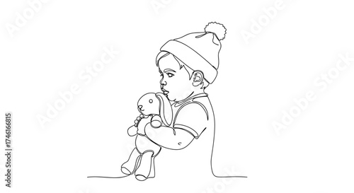 Toddler holding stuffed rabbit in hat in line art style